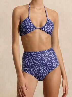 Peony Womens S Blue White Floral Ruched Halter High Waist Bikini Set NWT Luxe